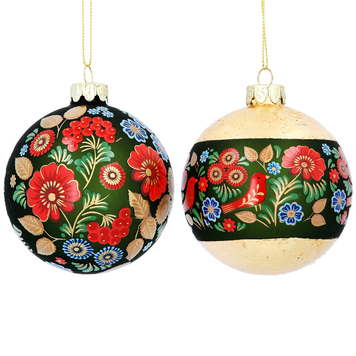 Green/Gold Folk Art Floral Glass Ball,