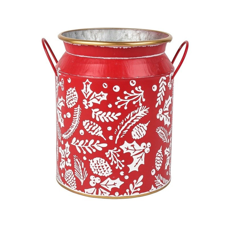 RED METAL HOLLY MILK CHURN