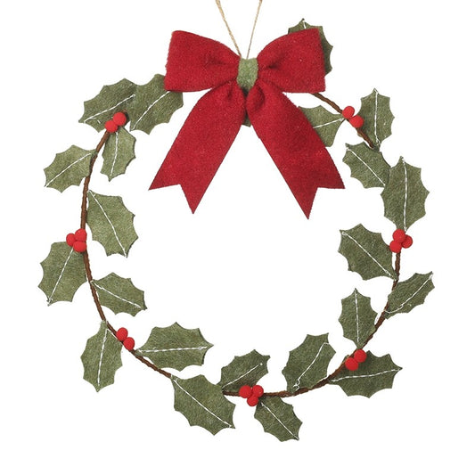 GREEN FELT HOLLY WREATH WITH BOW