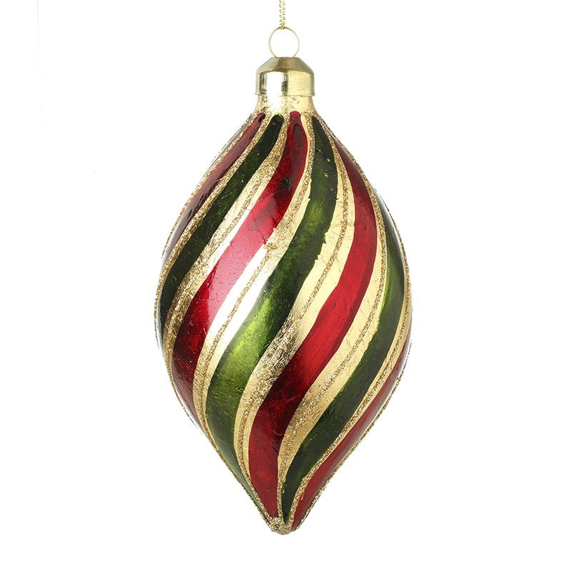 GOLD RED AND GREEN STRIPED GLASS FINIAL DECORATION