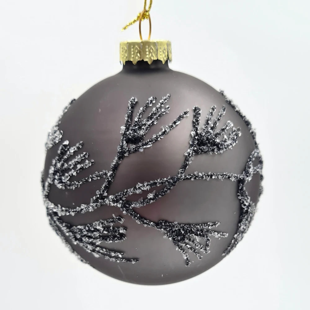 GREY AND BLACK GLASS BAUBLE GLITTER LEAF DEC