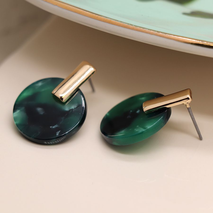 GREEN MALACHITE GOLD DISC STUD EARRINGS