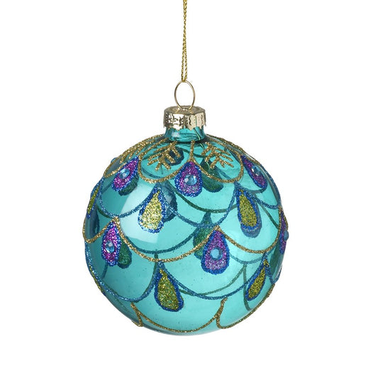 PEACOCK DESIGN BLUE GLASS BAUBLE