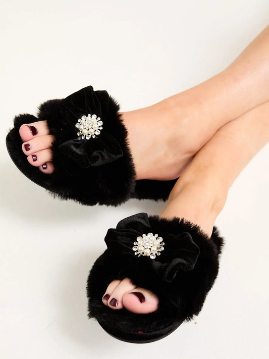 Anya Embellished Slider Slippers in Black - Large