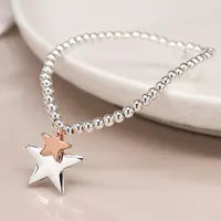 Silver plated and rose gold double star charm bracelet