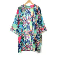 Long vibrant tropical leaf kimono
