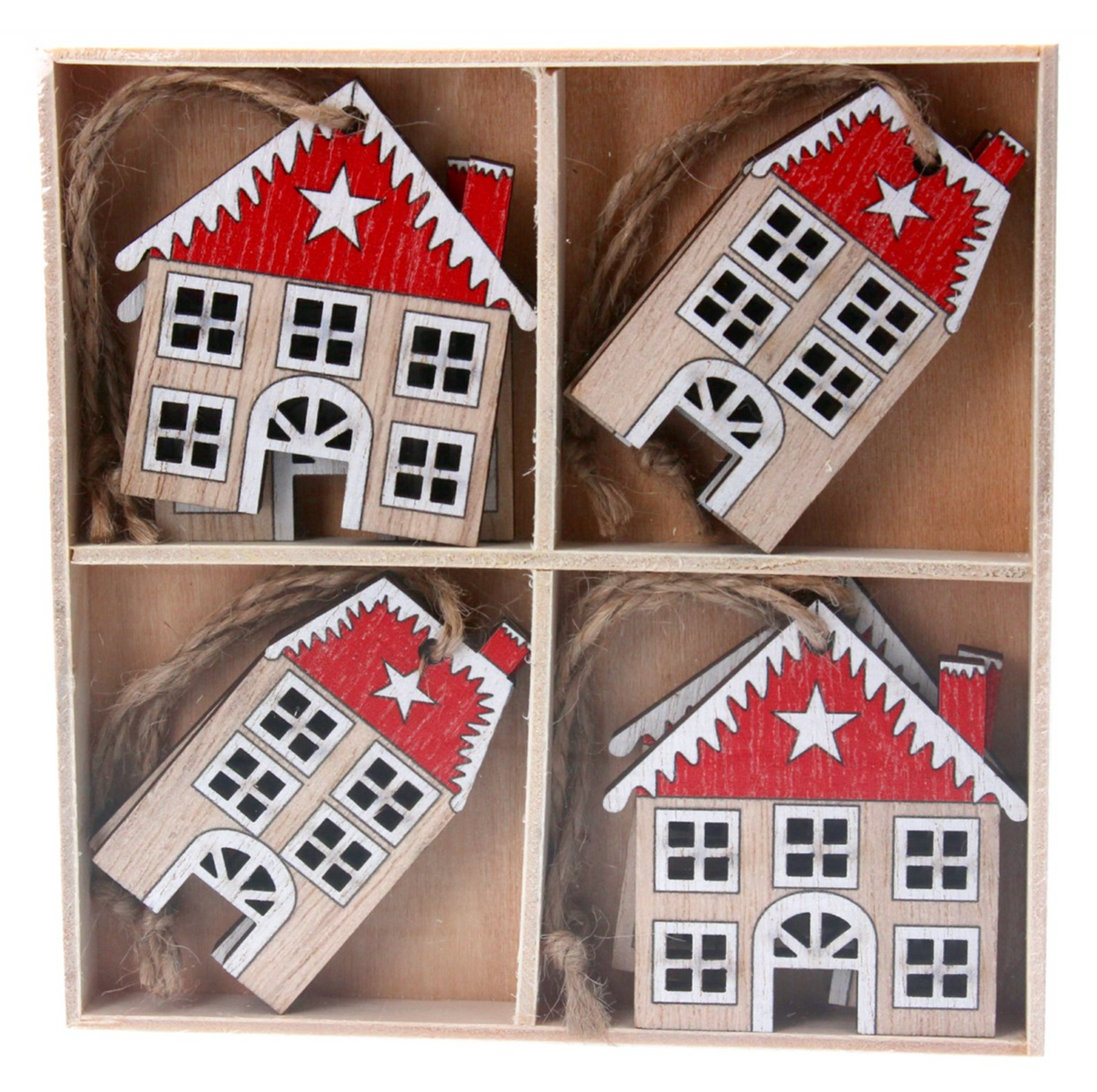 Box/8 Wood Decs 6cm - Natural/Red House,