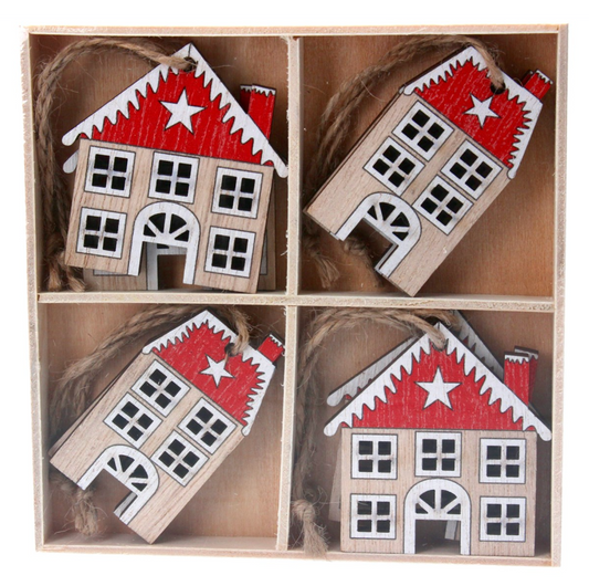 Box/8 Wood Decs 6cm - Natural/Red House,