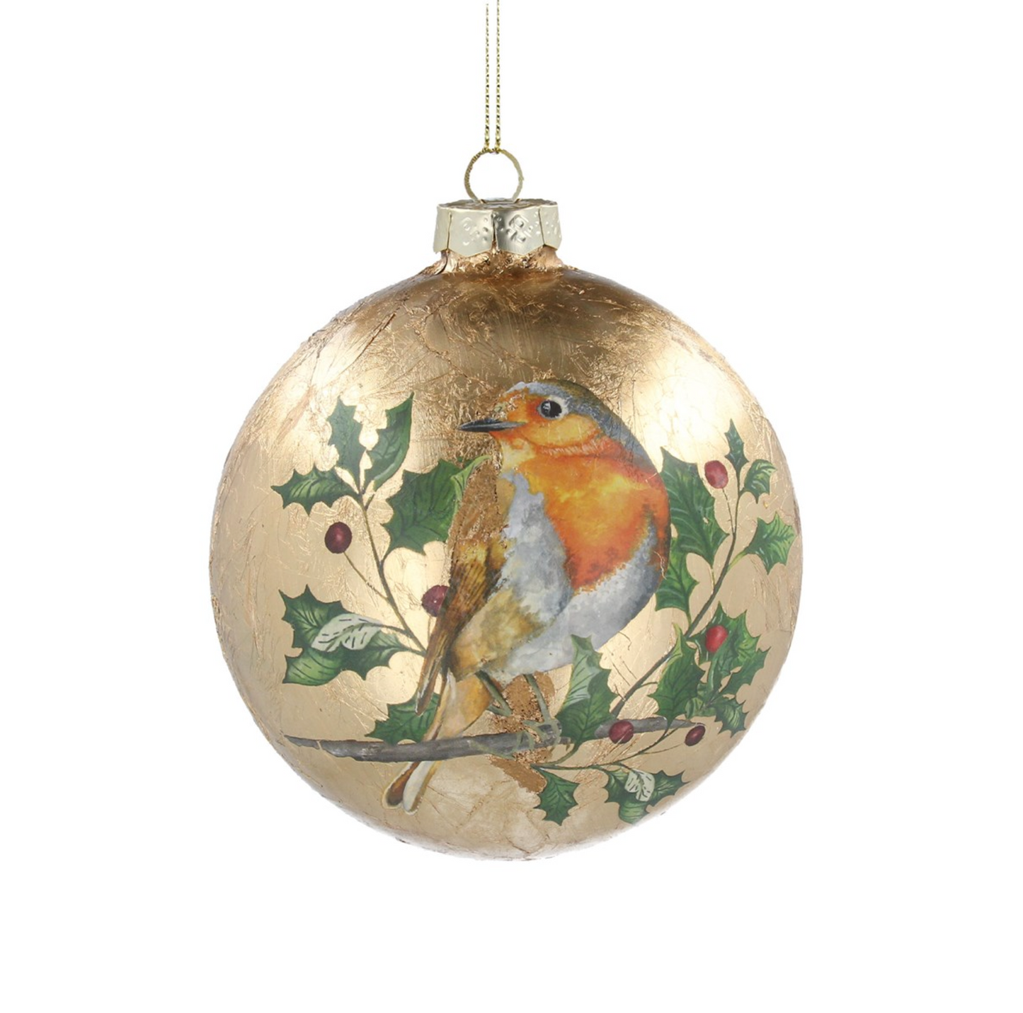 Glass Bauble - Antique Gold w Robin