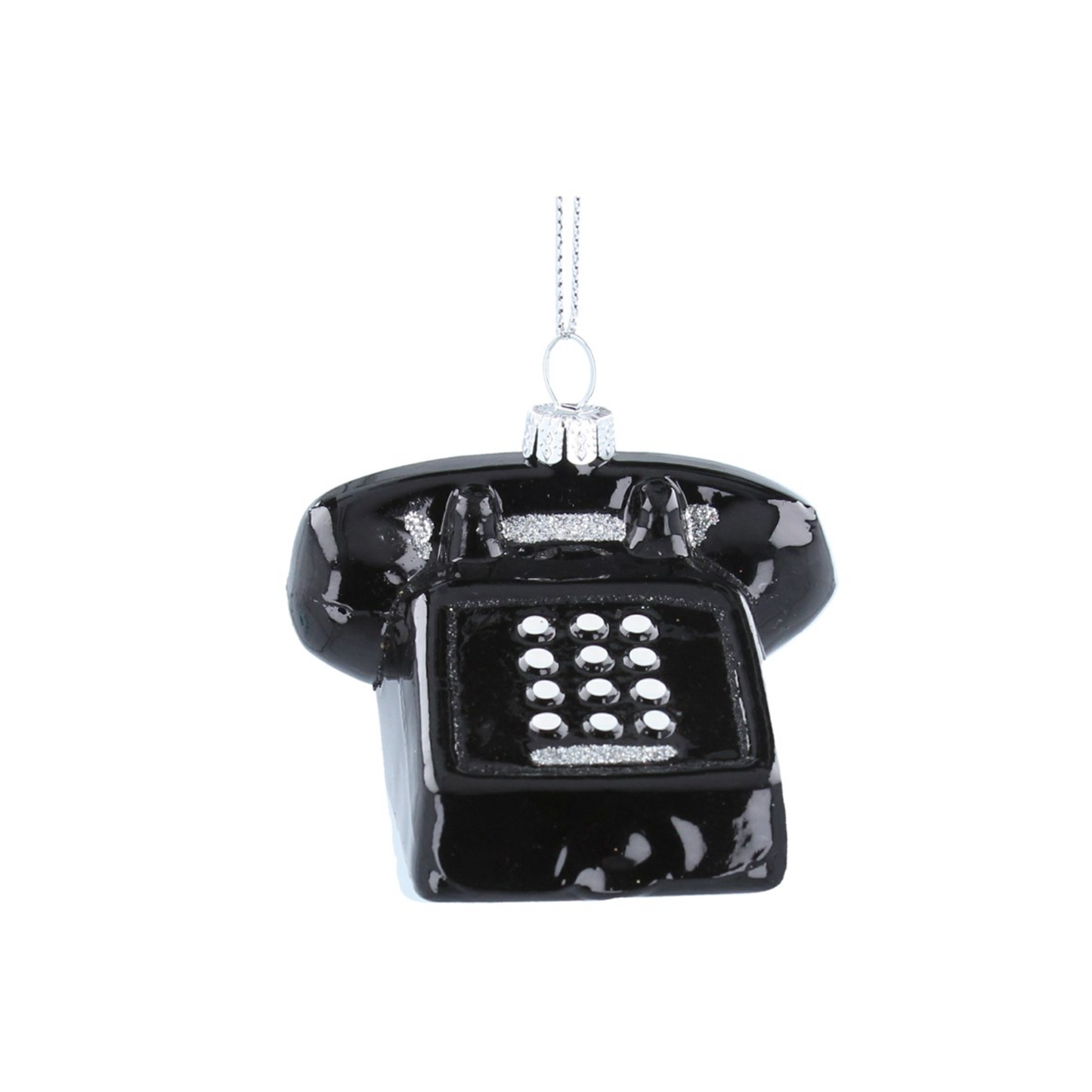 Glass Dec 4cm - Black Retro Telephone