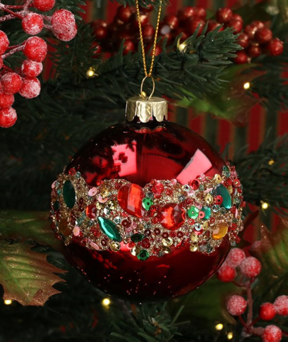 Red beaded bejewelled baubles 8cm