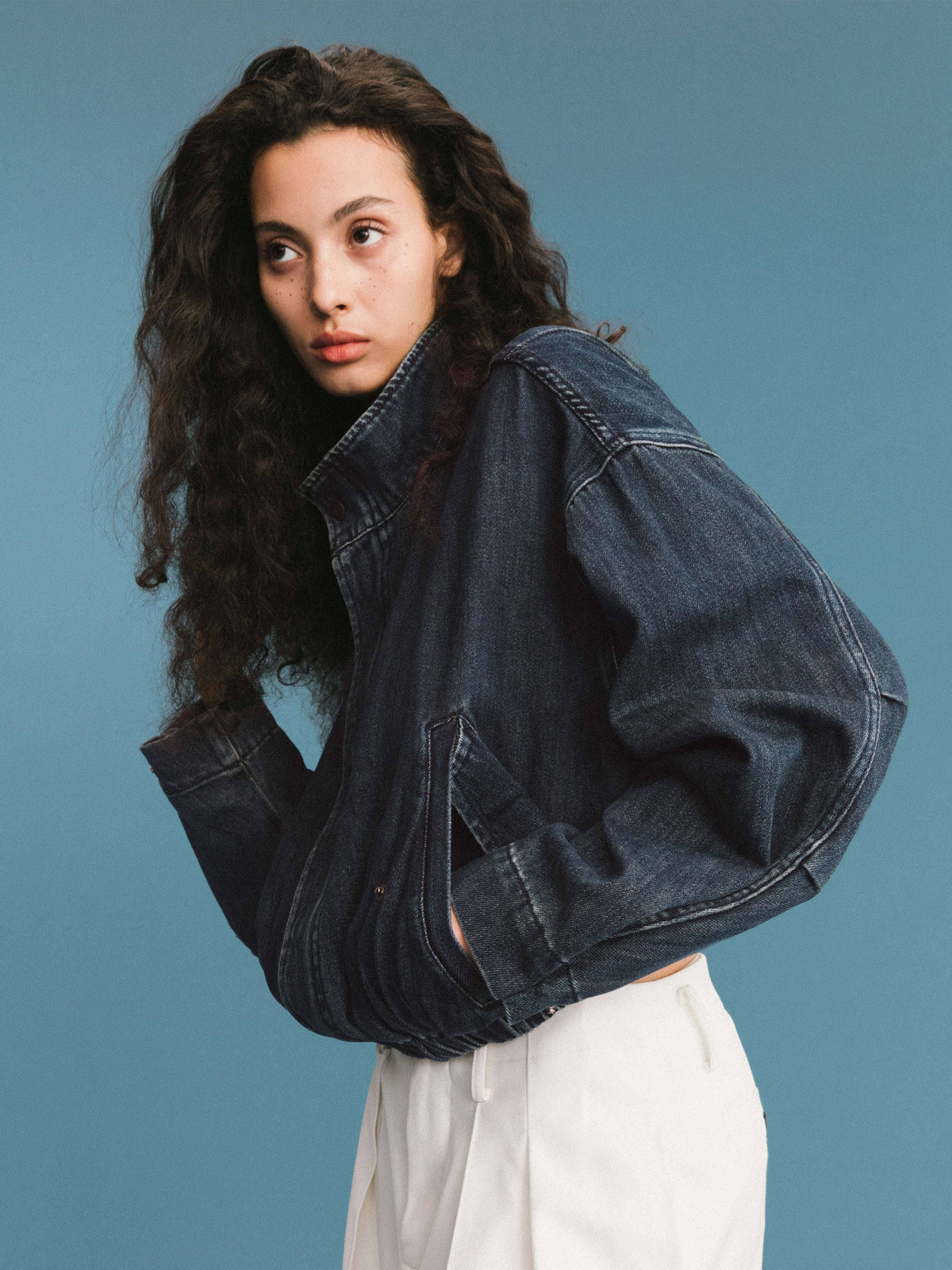 Funnel Neck Denim Jacket: SteelBlue / UN