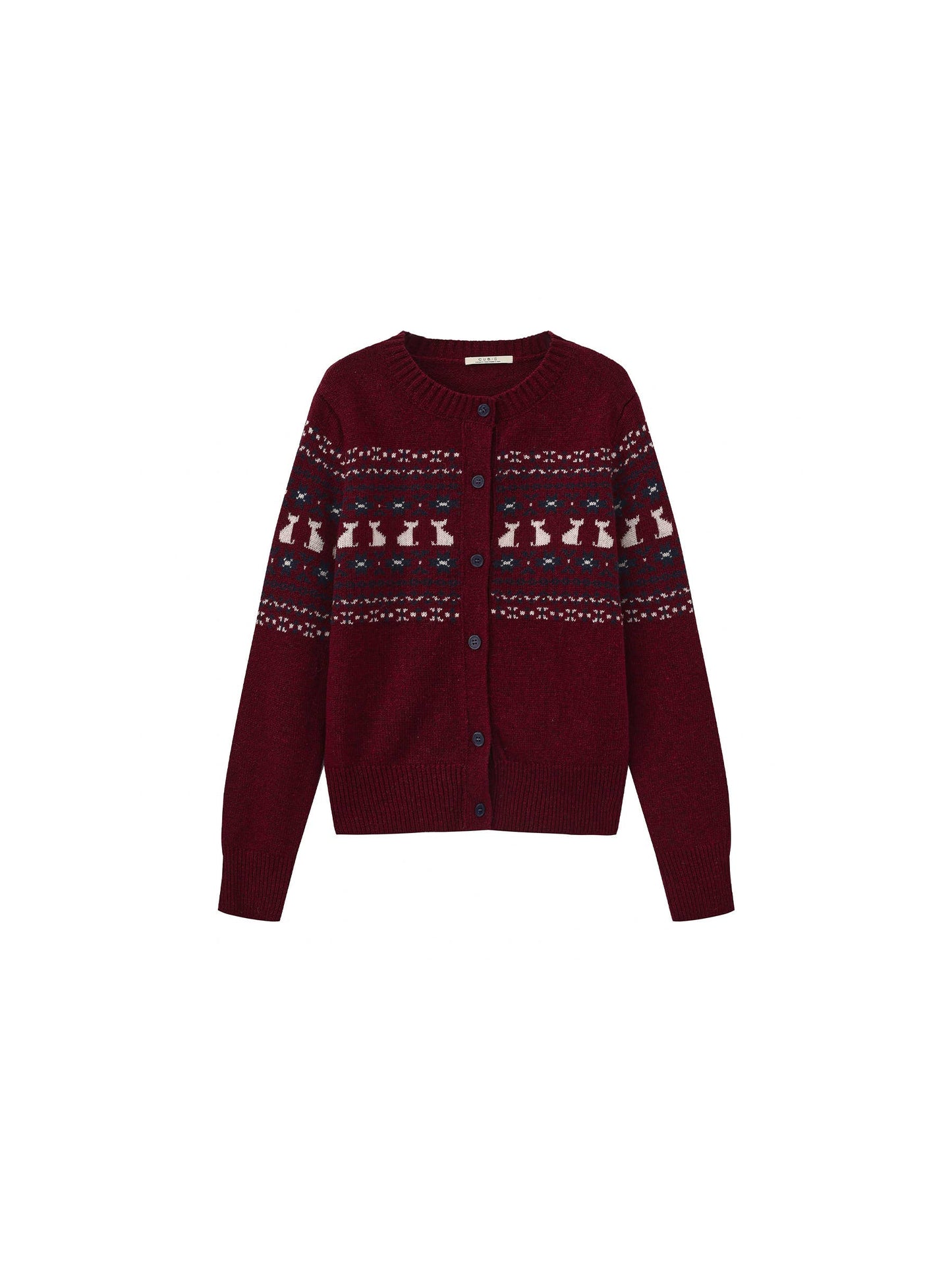 CUBIC Cat Print Fair Isle Wool-Blend Cardigan: Gray / M