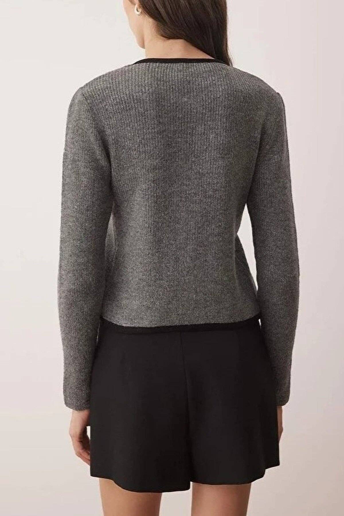 Crop Knit Cardigan with Ribbon Buttons Detail: Dark Grey / S