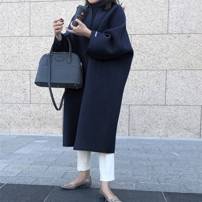 Fashionable Loose-Fitting Solid Color Coat - Navy