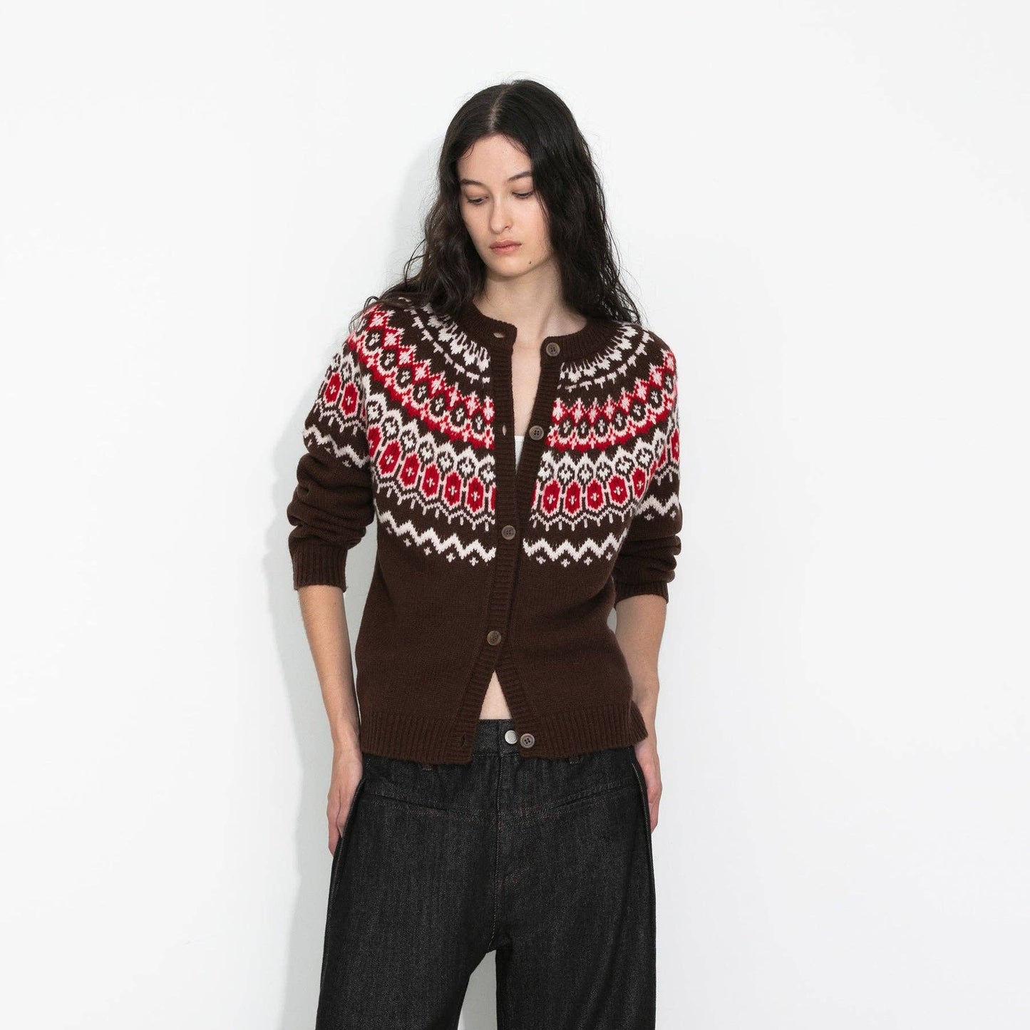 100% Wool Fair Isle Wool Knit Cardigan: Brown / S