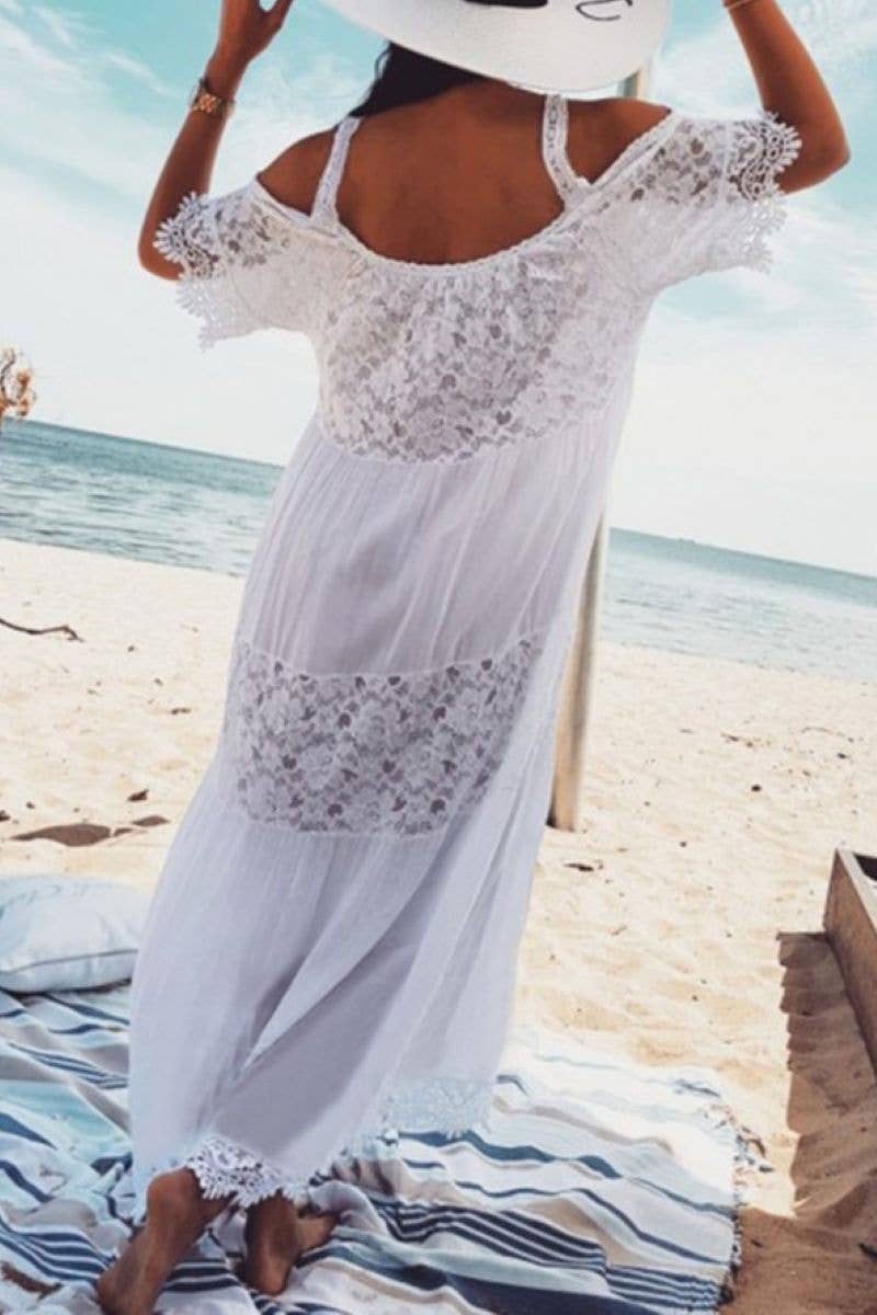 Lace Flowy White Beach Cover-Up Maxi Dress