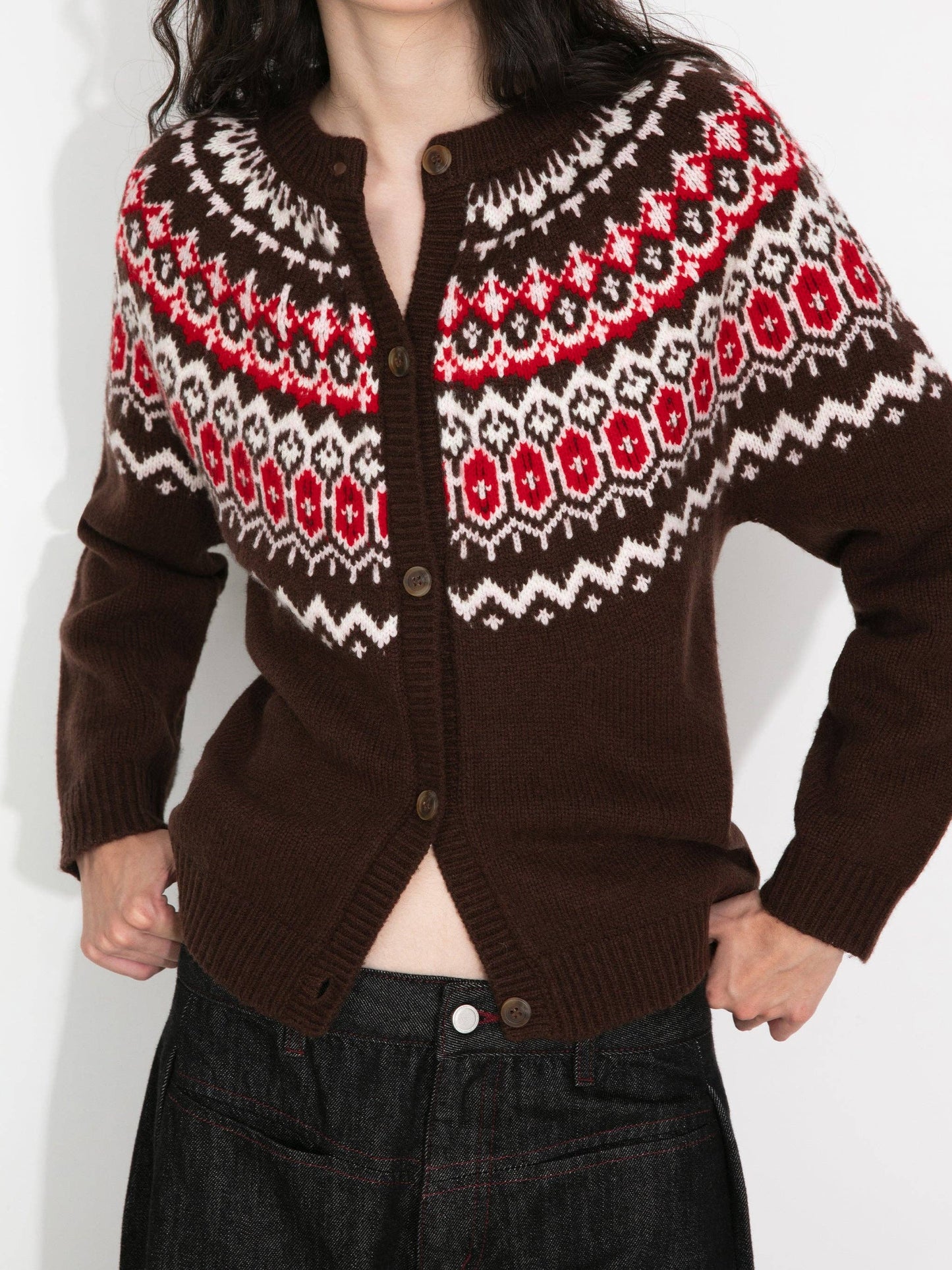 100% Wool Fair Isle Wool Knit Cardigan: Brown / S