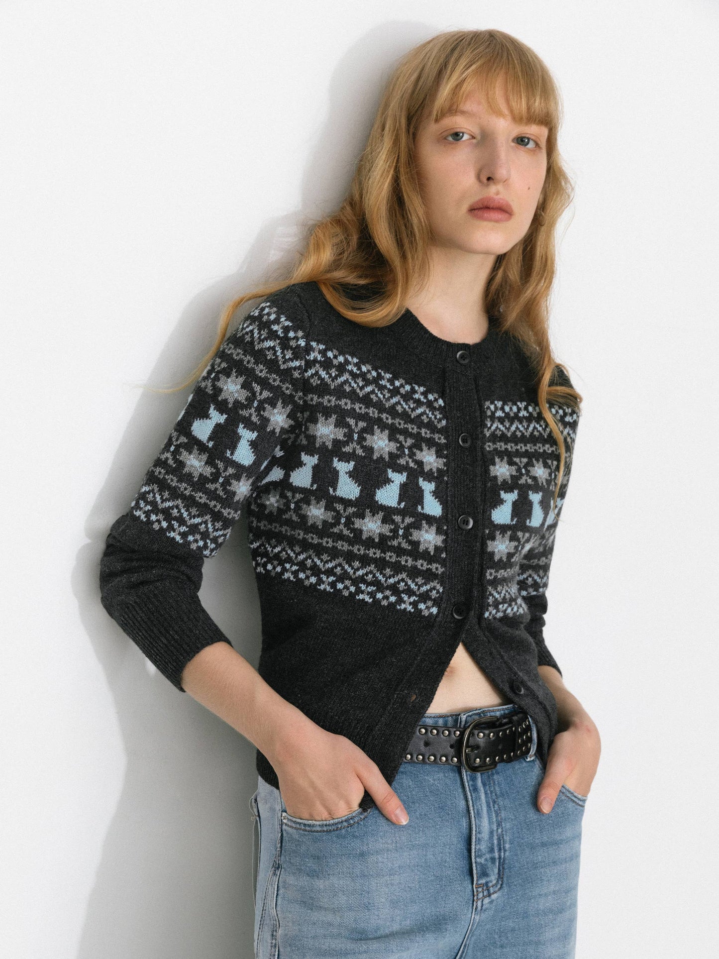 CUBIC Cat Print Fair Isle Wool-Blend Cardigan: Gray / M