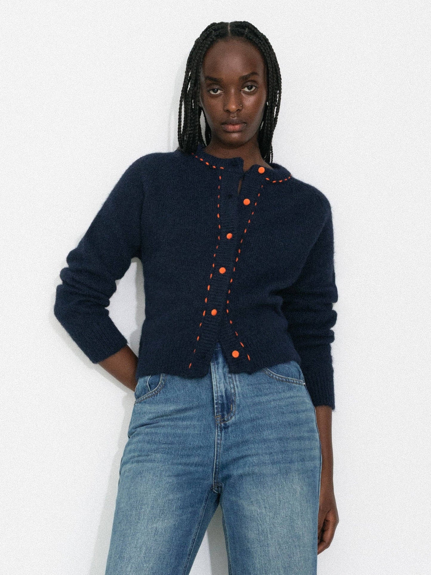 Wool-Blend Contrast Ribbed Cuff Cardigan: Navy / UN