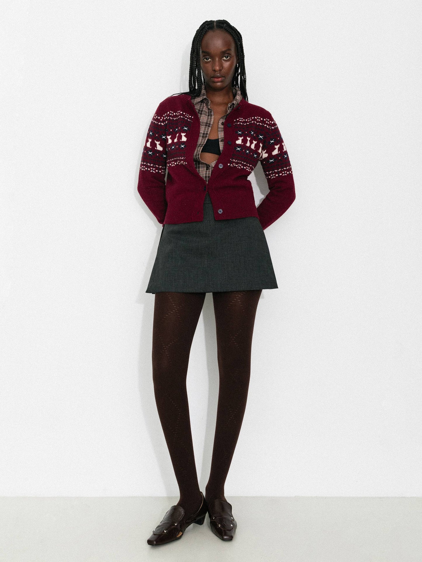 CUBIC Cat Print Fair Isle Wool-Blend Cardigan: Gray / M