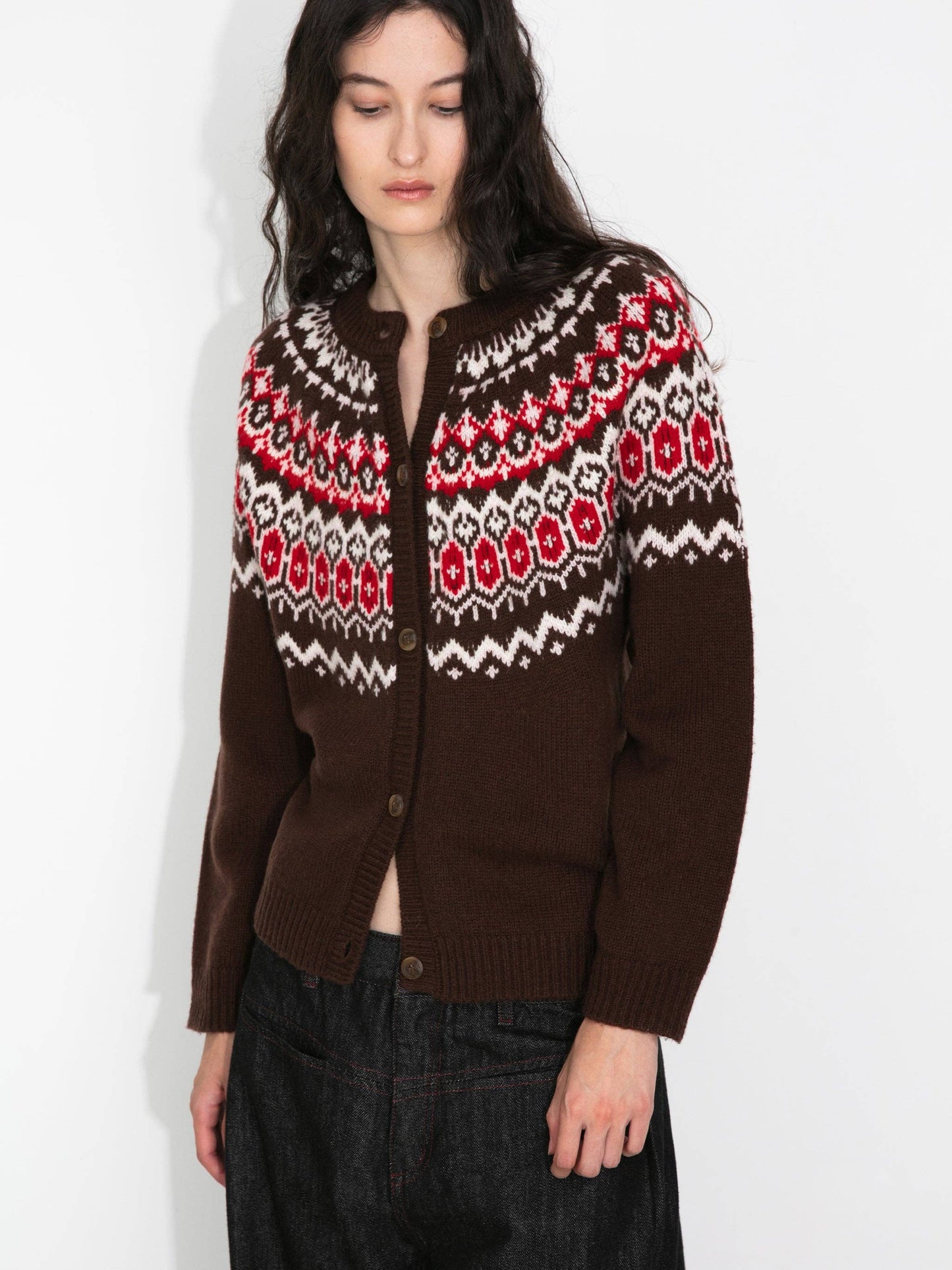 100% Wool Fair Isle Wool Knit Cardigan: Brown / S