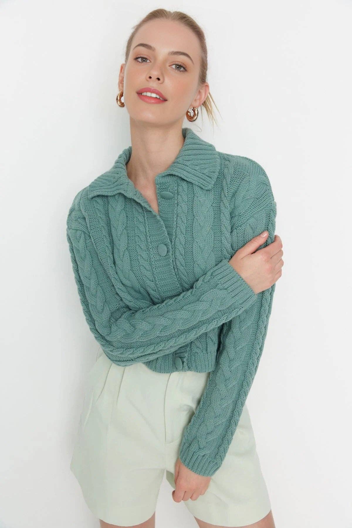 Crop Polo Neck Knit Cardigan with Covered Button Detail: Mint / M