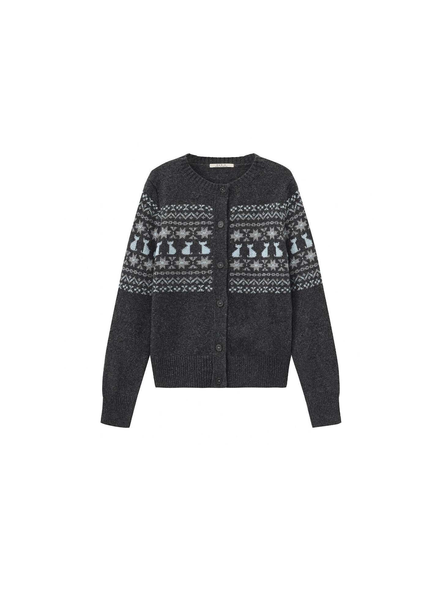 CUBIC Cat Print Fair Isle Wool-Blend Cardigan: Gray / M