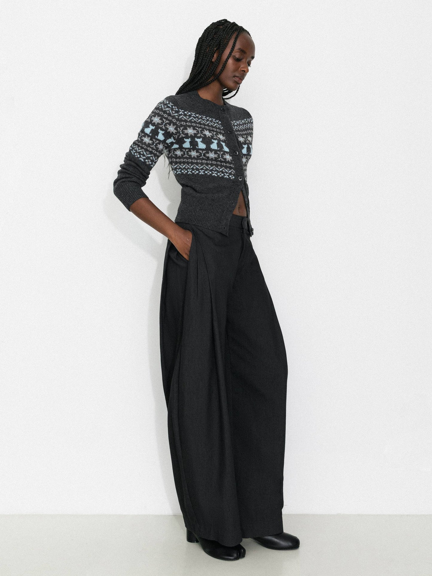 CUBIC Cat Print Fair Isle Wool-Blend Cardigan: Gray / M