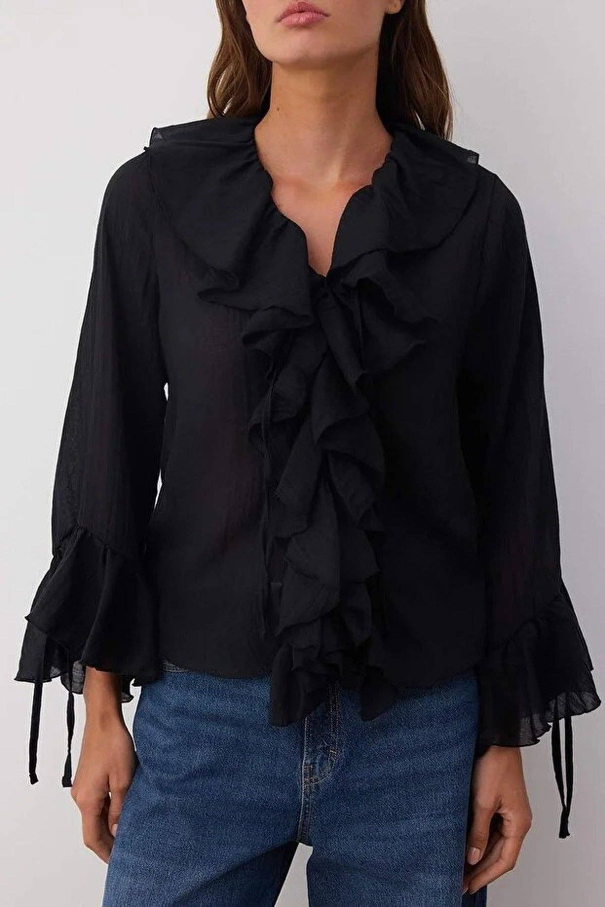 Ruffled Boho Long-Sleeve Woven Blouse: Black / 12