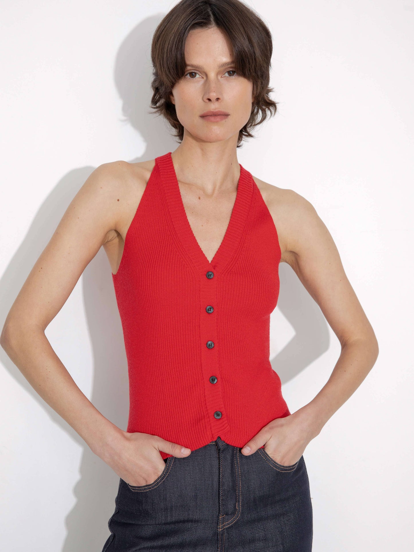 Halter Neck Off-Shoulder Cardigan Vest: Red / M