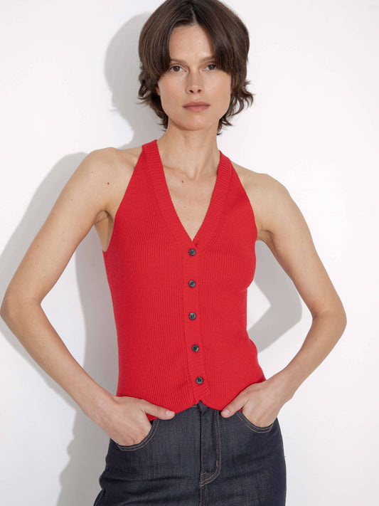 Halter Neck Off-Shoulder Cardigan Vest: Red / M
