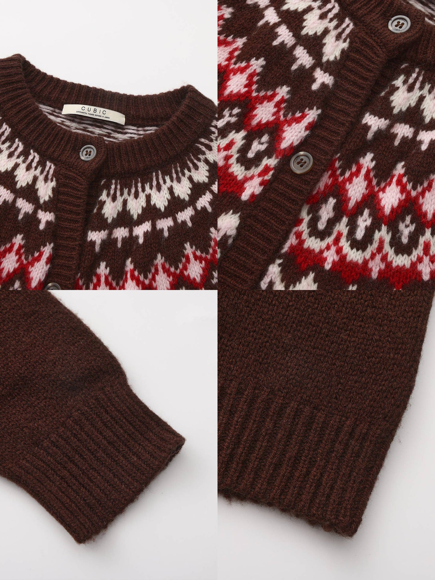 100% Wool Fair Isle Wool Knit Cardigan: Brown / S
