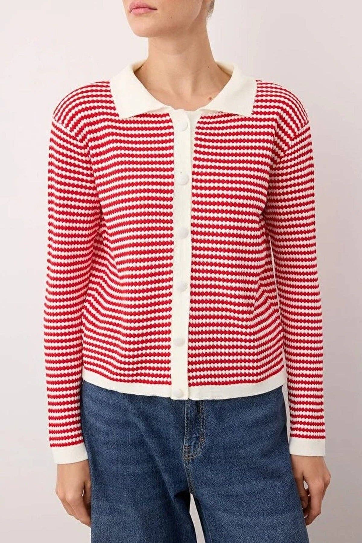 Striped Polo Neck Knit Cardigan: Red / S