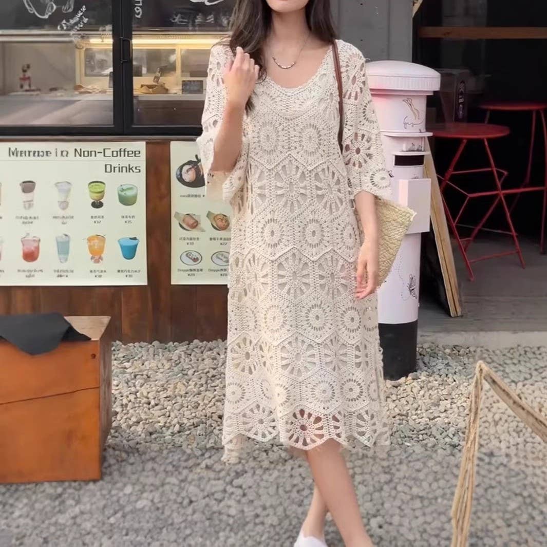 See Through Cream Floral Crochet Dress