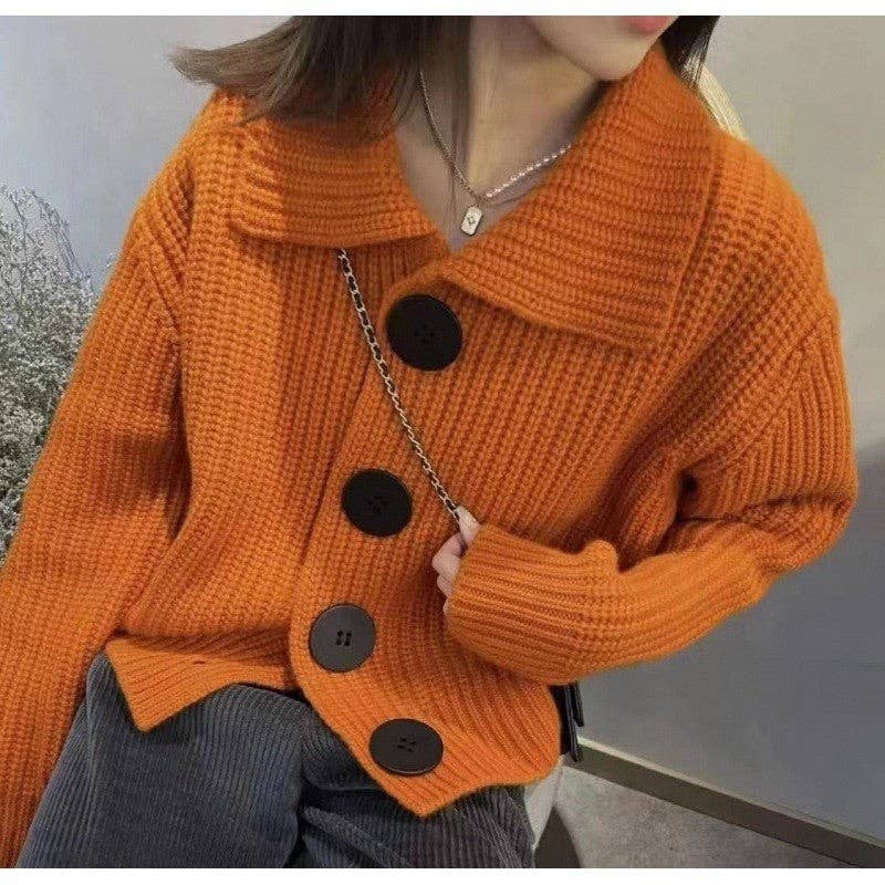 Knit Cardigan With Wide Lapel And Oversized Buttons: BURNT ORANGE