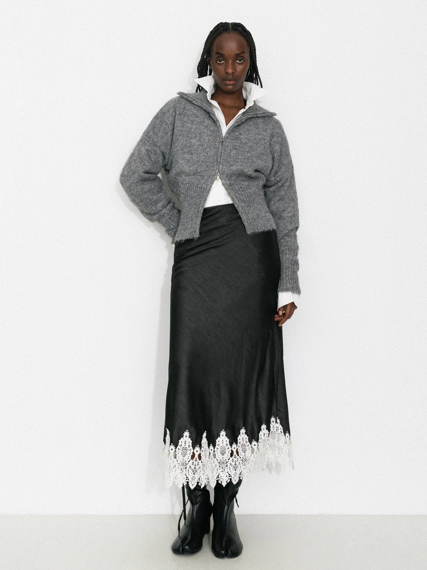 Retro Stand Collar Zip-Up Cardigan: Khaki / M