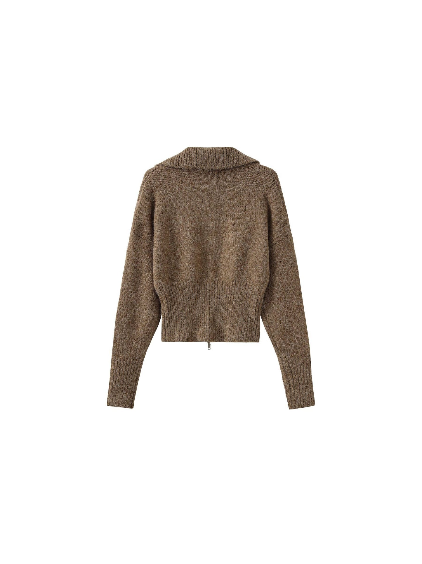 Retro Stand Collar Zip-Up Cardigan: Khaki / M