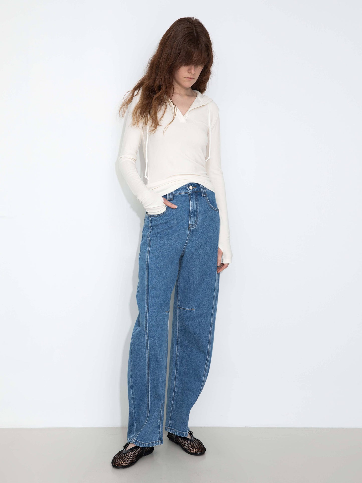 Panelled Loose-Fit Wide-Leg Tapered Jeans: Navy / L