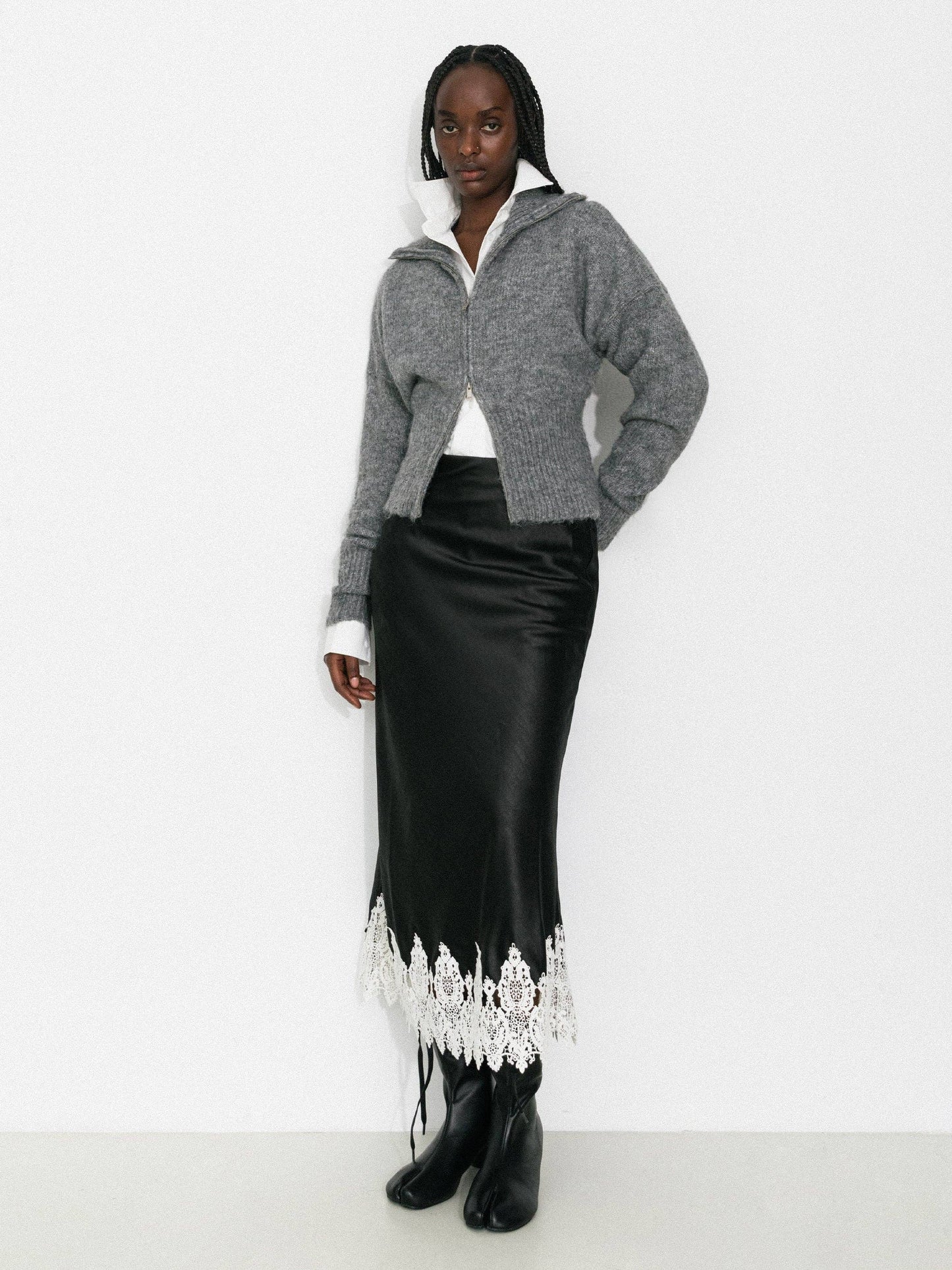 Retro Stand Collar Zip-Up Cardigan: Khaki / M