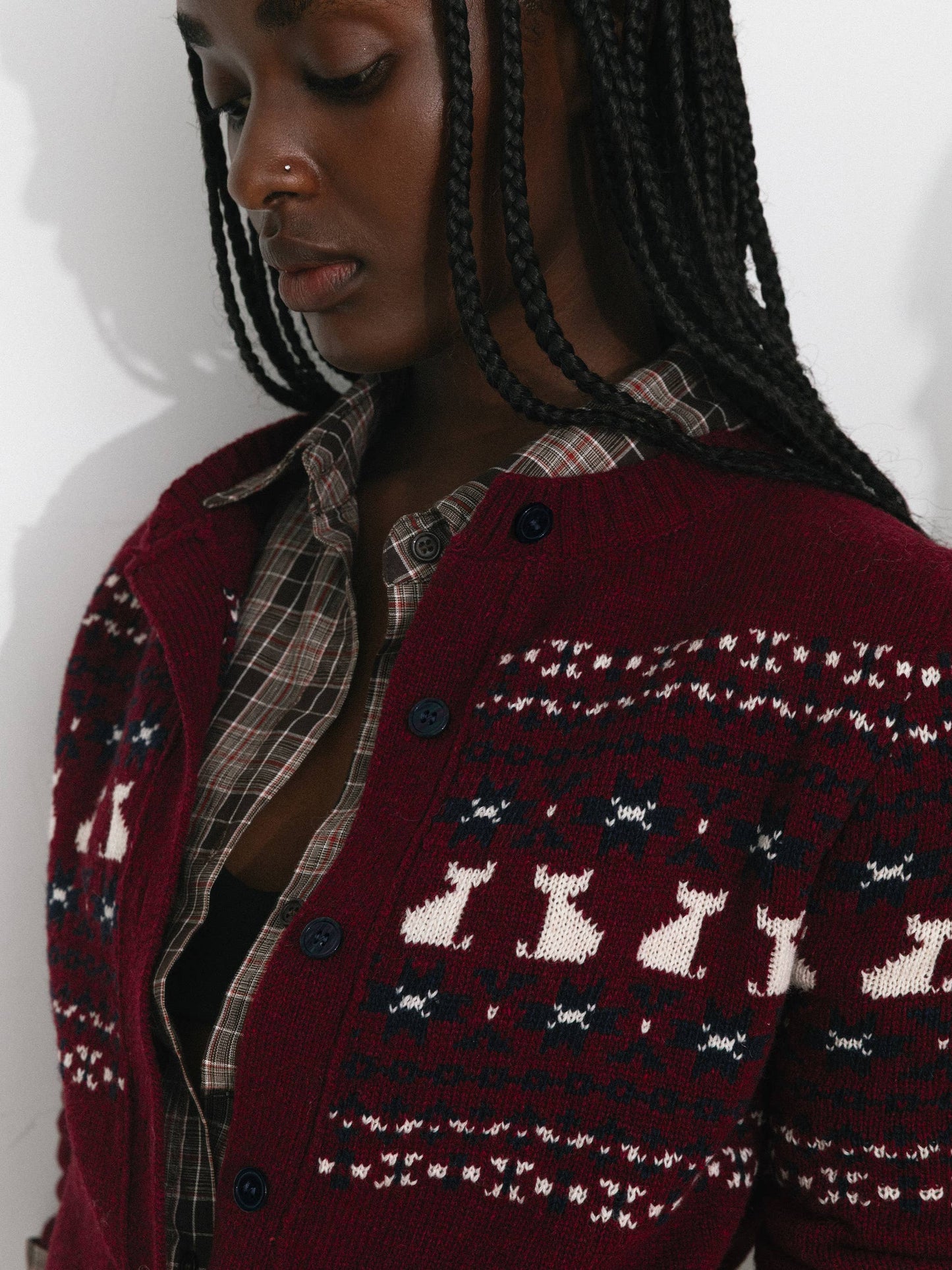 CUBIC Cat Print Fair Isle Wool-Blend Cardigan: Gray / M