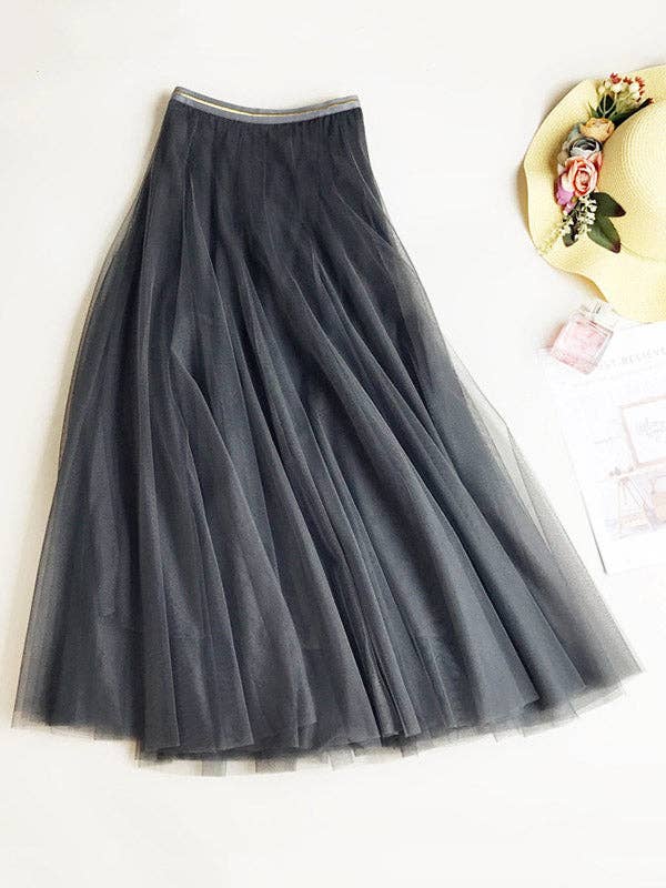 Solid Color Loose Elastic-Waist Mesh Skirt Smoke Grey