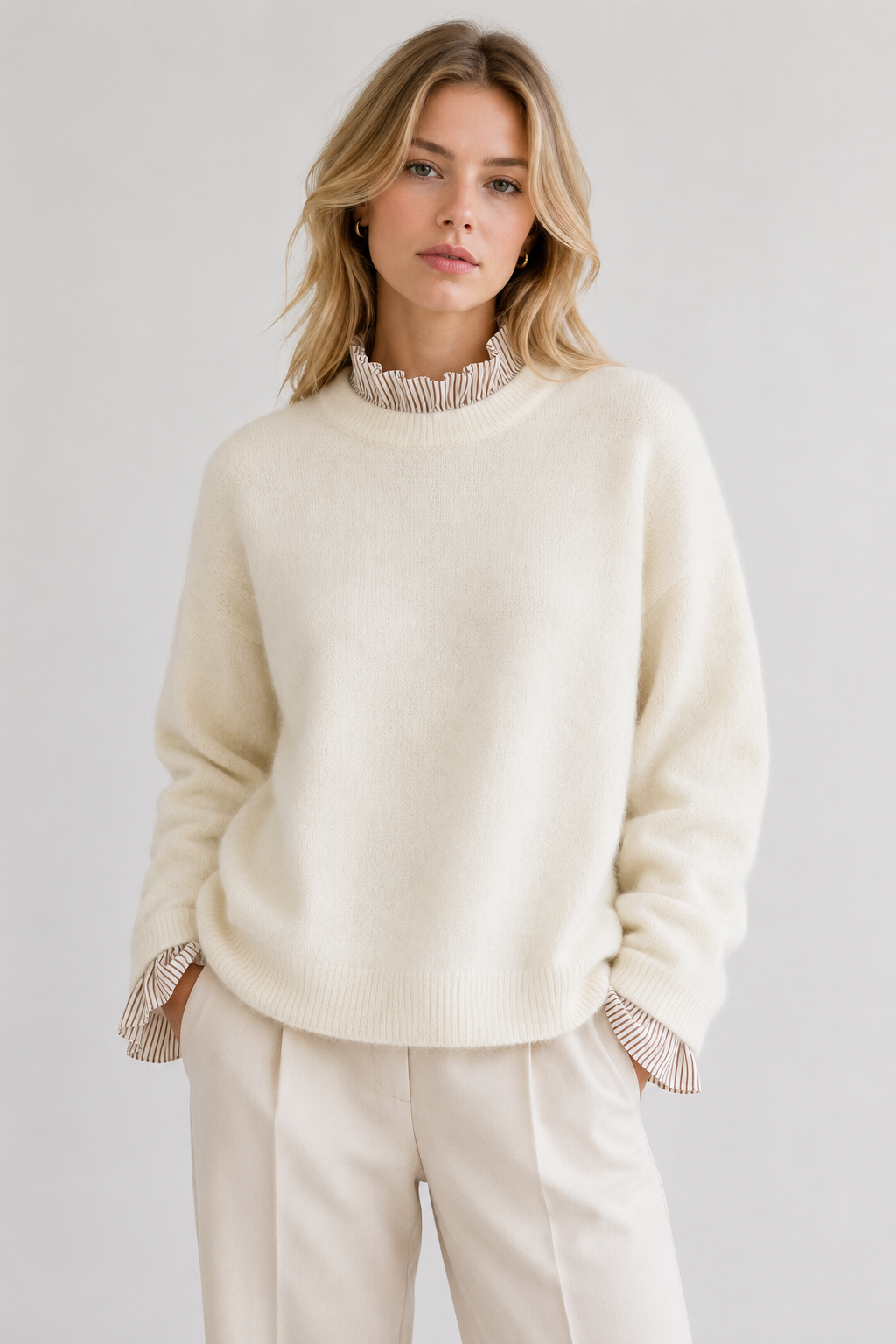 Layered-Look Frill Trim Knitted Jumper: White