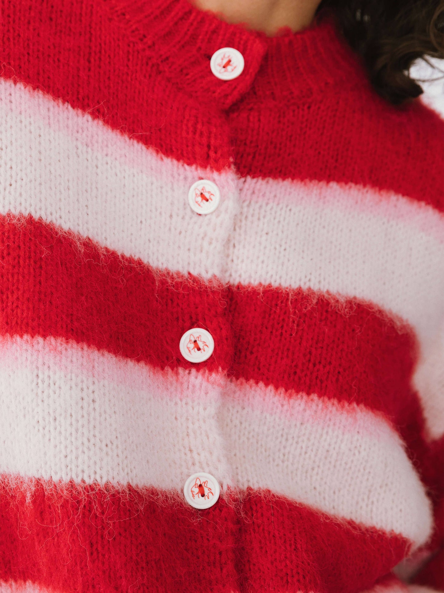 Striped Color Block Wool Knit Cardigan With Scarf: Red stripe / UN
