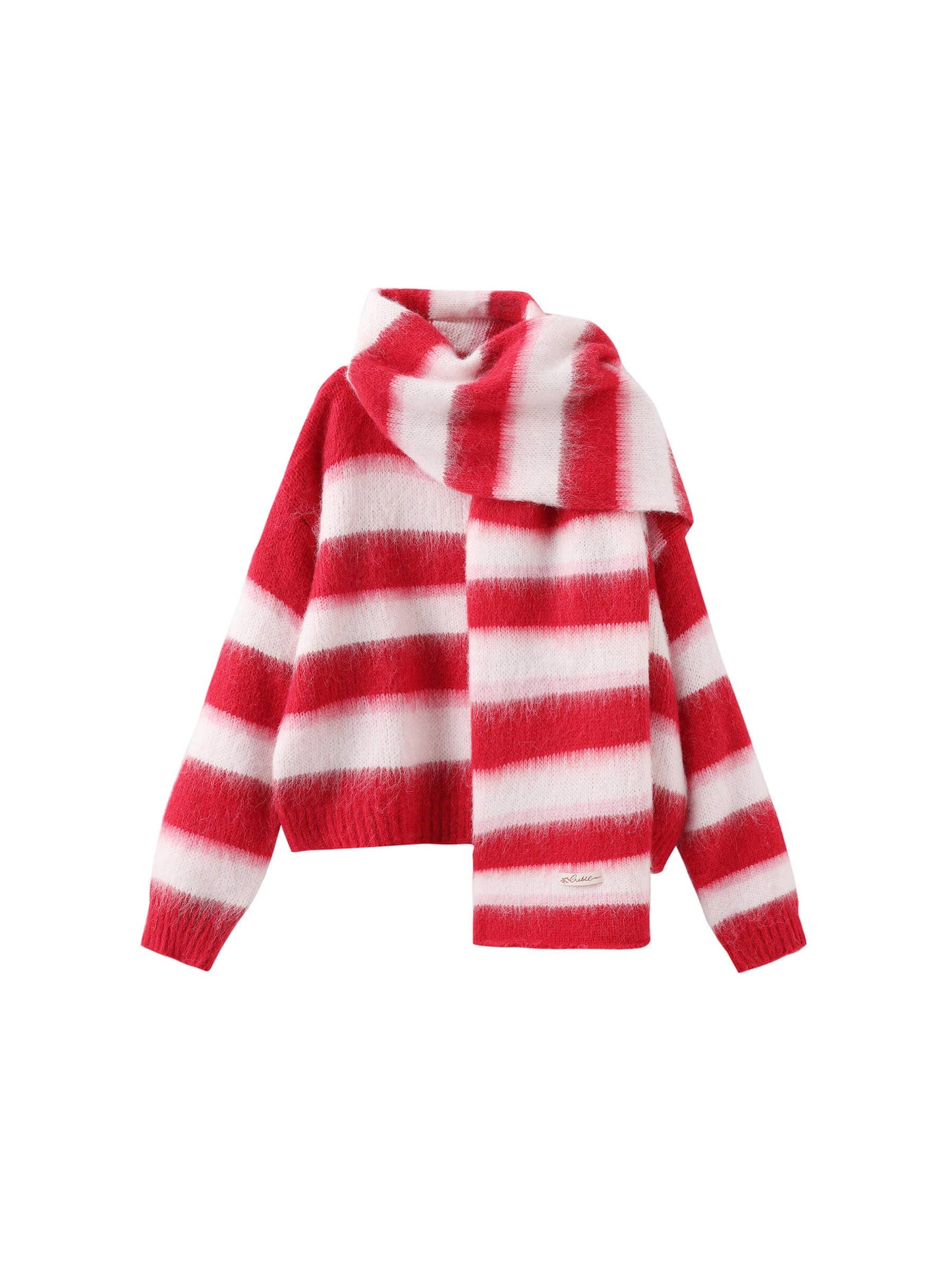 Striped Color Block Wool Knit Cardigan With Scarf: Red stripe / UN