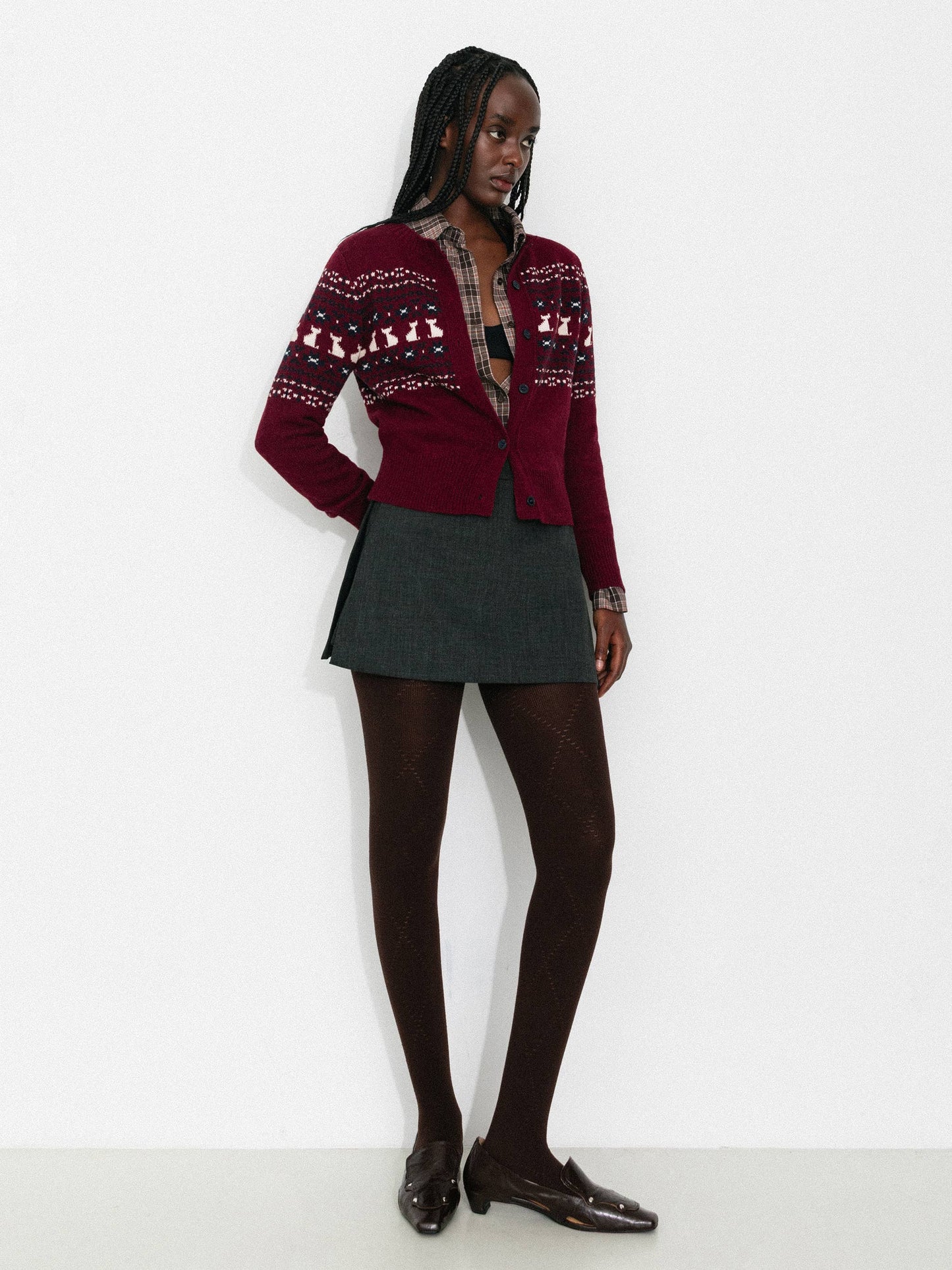 CUBIC Cat Print Fair Isle Wool-Blend Cardigan: Gray / M