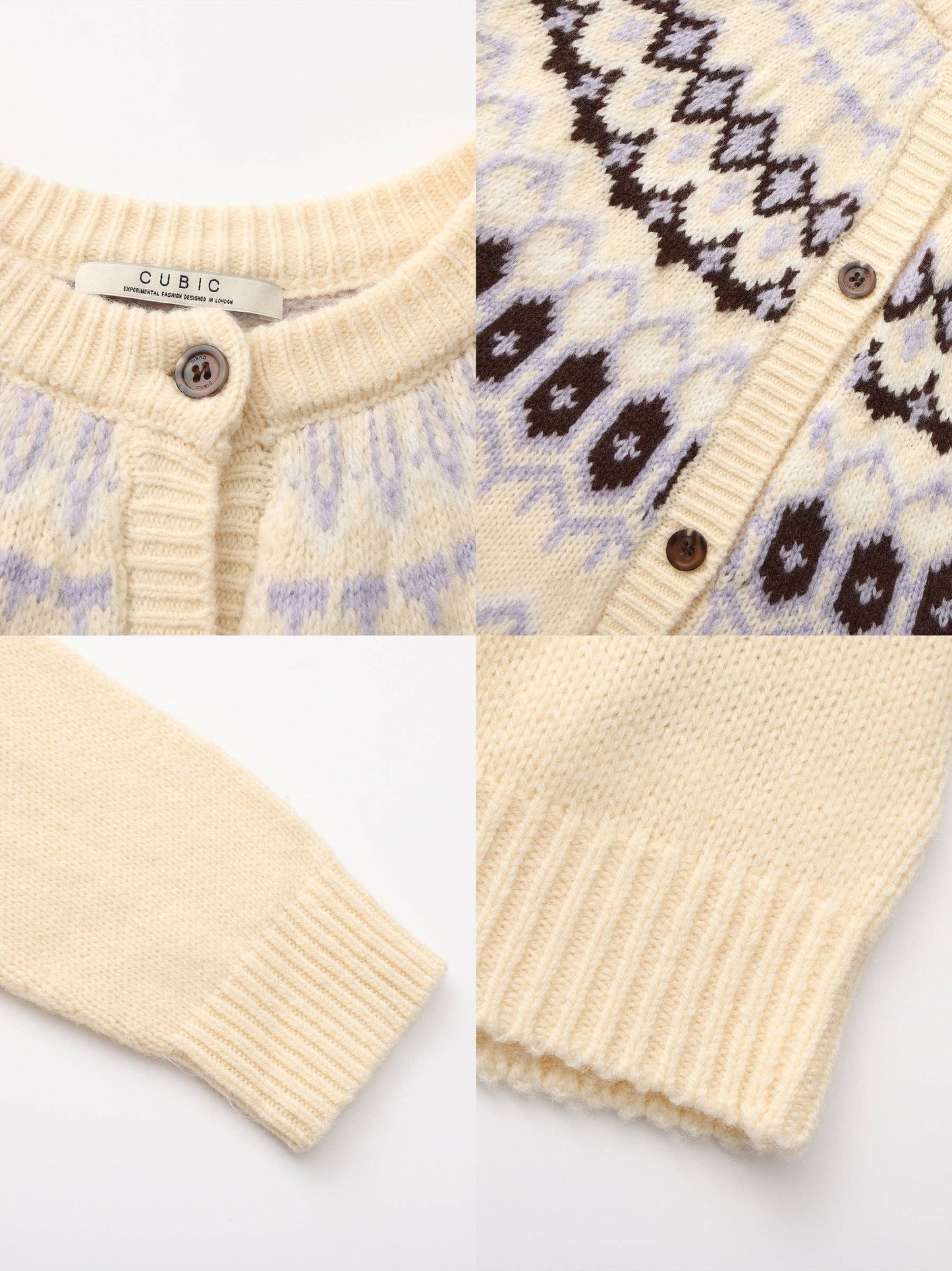 100% Wool Fair Isle Wool Knit Cardigan: Brown / S