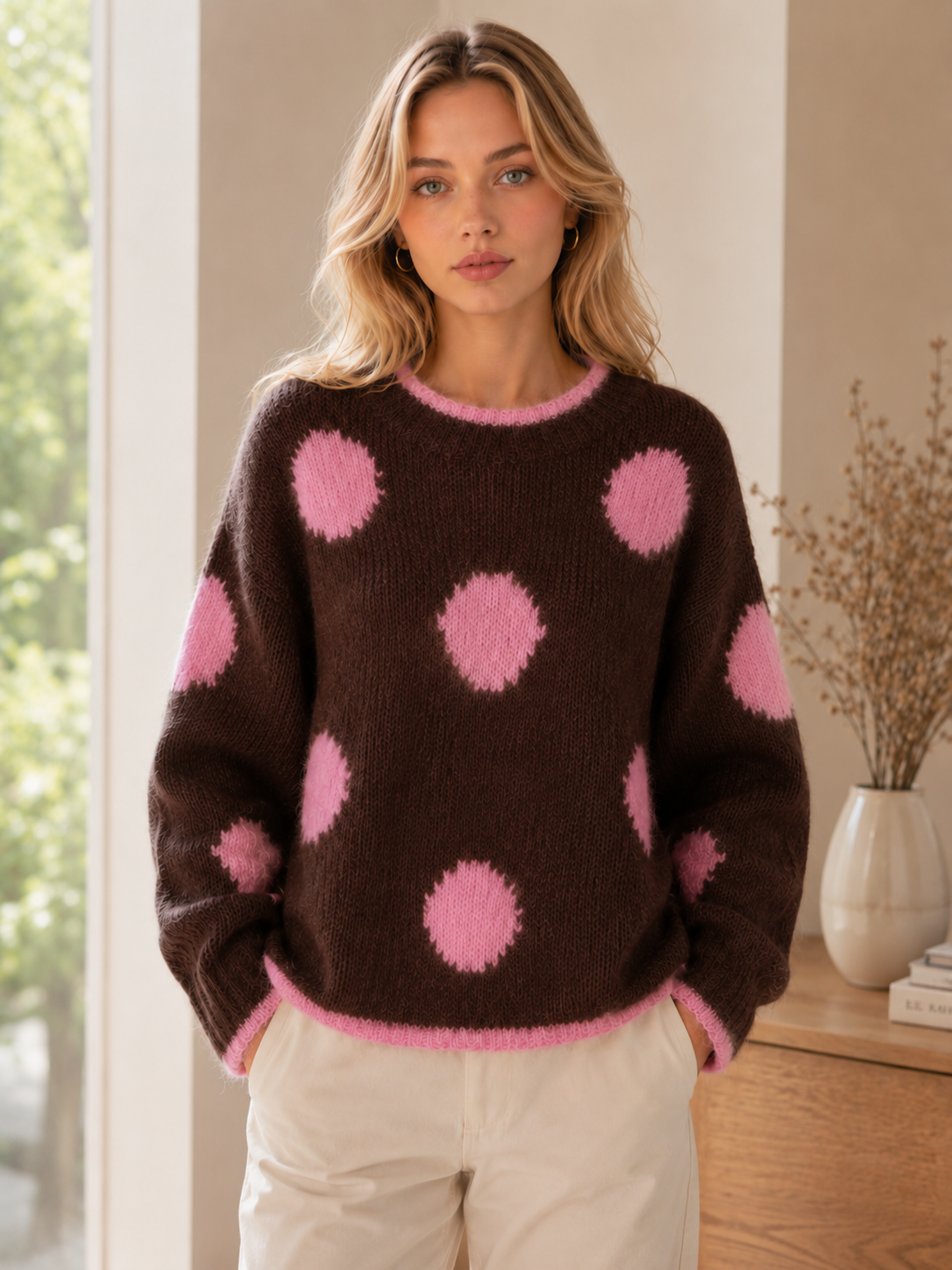 Contrast Polka Dot Knitted Jumper: Brown