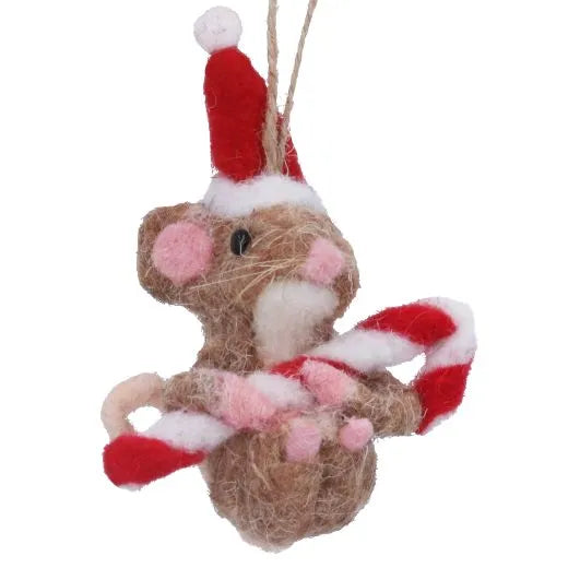 Mixed Wool mouse with candy cane hanging decoration