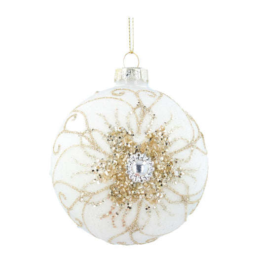 Glass Bauble - Cream w Jewelled Flower